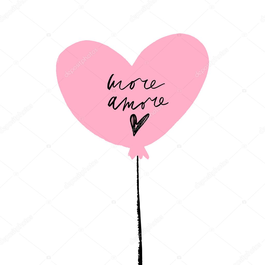 Single pink heart balloon with lettering text, Valentine postcard isolated element on white background