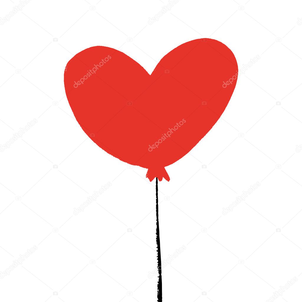 Single red heart balloon illustration, Birthday or Valentine postcard isolated element on white background