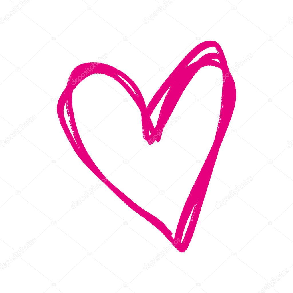 Heart shape brush frame, pink ink brush painting. Isolated illustration on white background