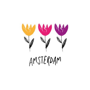 Bir satır karikatür çiçek resmi, izole dekor öğeleri. Komik çocuk odası tarzı. Doodle illüstrasyon. Amsterdam etiket veya logosu
