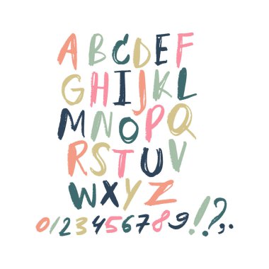 Elle çizilmiş fırça renk yazı tipi ve numaraları ayarlayın. ABC, alfabe. Clipart, izole harf ve dekor elemanları