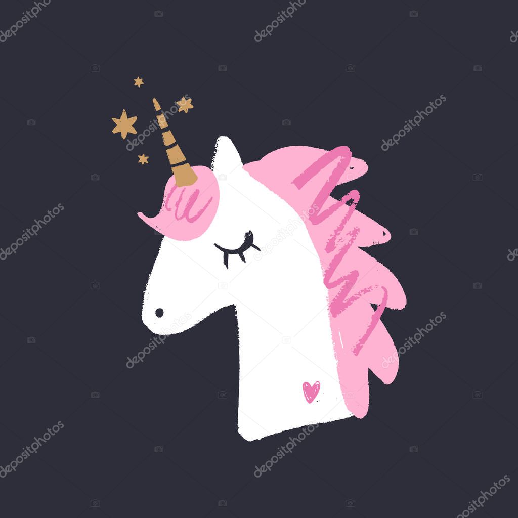 Lovely unicorn face, baby stylish illustration, unique print for posters, cards, clothes and stationery. Clipart, sticker. Little kawaii pony