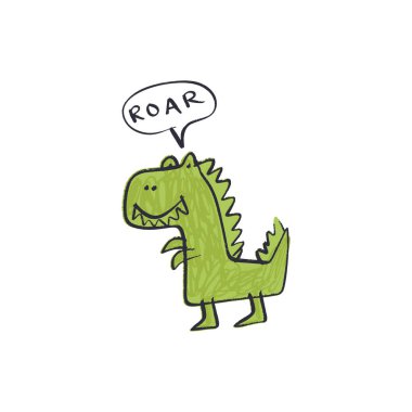 Çocuk el yazısı. Komik doodle sevimli tür yeşil dinozor. Bebek şık sanat, çocuk odası duvar kağıdı