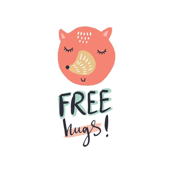Free Hugs Text Postcard Fox Cute Positive Phrase Scandinavian Style — Stock Vector