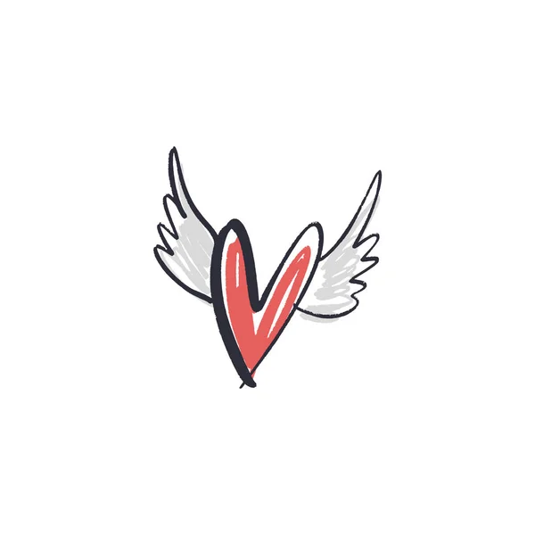 Ручной Рисунок Чернил Простой Милый Летающий Сердце Иллюстрация Крыльями Ангела — стоковый вектор