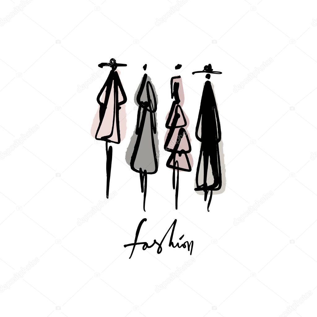 Fashion lettering, models hand drawn sketch, stylized ink silhouettes isolated on white background. Vector illustrations