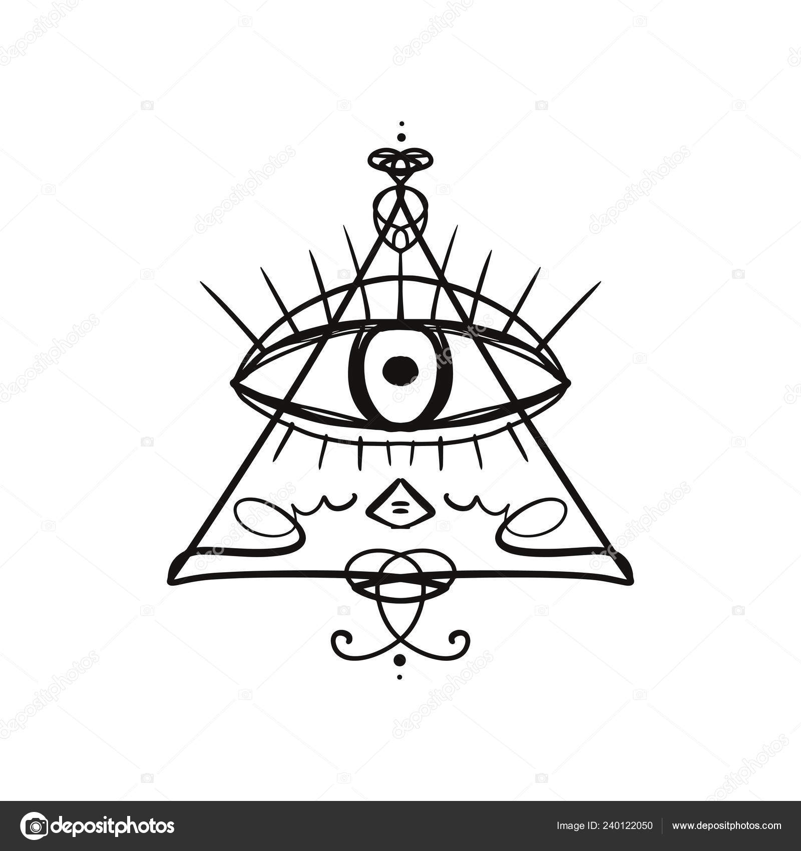 Mano Dibujada Símbolo Estilizado Del Ojo Providencia Pirámide