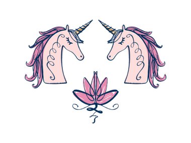 Lotus ve tek boynuzlu atlara, uyum ve evren sembolü, kutsal geometri. Ayurveda ve denge logo veya etiket. Dövme tasarım. Bohem Sanat Poster ve Tekstil için. Yalıtılmış düzenlenebilir illüstrasyon