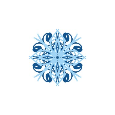 Vektör mavi renk siluet kar tanesi, stilize mürekkep çizim, basit fırça boya, süslü yıldız, tatil sembolü, elle çizilmiş kontrast öğesinde beyaz arka plan, guaş vuruş, süslü kroki
