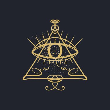 El altın göz Providence stilize sembolü koyu arka plan üzerine çekilmiş. Üçgen piramit. Boho simya sembol dövme ya da etiket. Yalıtılmış düzenlenebilir Eps