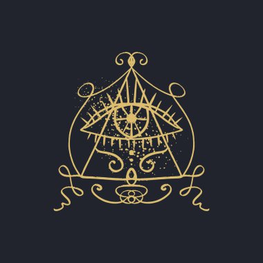 El altın göz Providence stilize sembolü koyu arka plan üzerine çekilmiş. Üçgen piramit. Boho simya sembol dövme ya da etiket. Yalıtılmış düzenlenebilir Eps