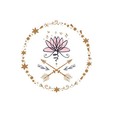 Boho sanat. Lotus çiçeği resim çerçeve, uyum ve evren sembolü, kutsal geometri. Ayurveda ve denge tema. Dövme tasarımı flash. Antistress resim. Yalıtılmış düzenlenebilir illüstrasyon