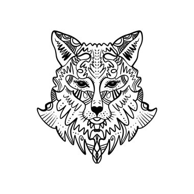 Güzel totem kurt veya fox, Dövmeler Eskizler boho hippi çizimi. Stil, Kuzey etiket. Antistress sanat. T-shirt tasarım, çanta, telefon servis talepleri için iyi