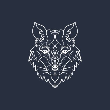 Simya sembol. Kutup Beyaz kurt faae anahat. Boho kabile stili. Satır etnik süsler. Poster, ruhani sanat, bilgelik. Antistress sanat