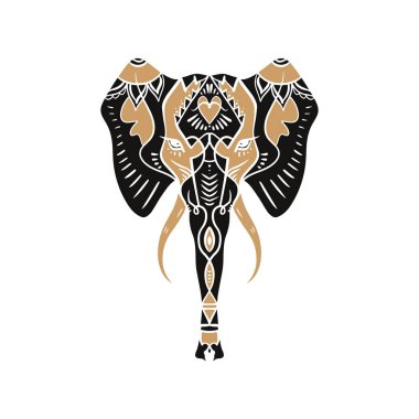 Güzel handdrawn fil anahat. Boho kabile stili. Siyah ve altın etnik süsler. Poster, ruhani sanat, yoga. Hindistan Hint tema, Ganesha, sembolü. Antistress sanat