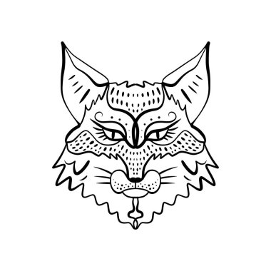 Manul kedi, beyaz arka plan üzerinde hayvan yüz desenli Başkanı. Totem, boho style, flash dövme tasarım. Antistress sanat. T-shirt tasarım için iyi