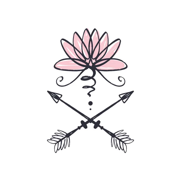 莲花和箭 和谐与宇宙的象征 神圣的几何学 阿育吠陀和平衡标志或标签 纹身设计 波希米亚艺术为海报和纺织品 独立的可编辑插图 — 图库矢量图片