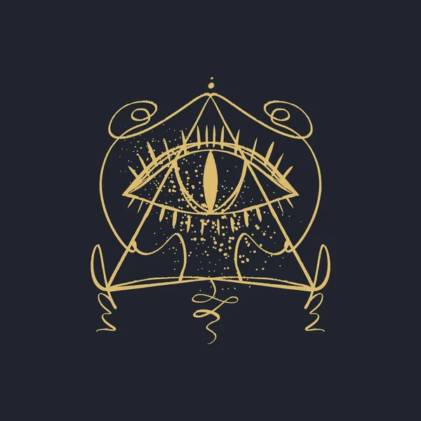 手绘金色的普罗维登斯眼睛在黑暗的背景上风格化的符号 三角金字塔 Boho 炼金术符号纹身或贴纸 隔离的可编辑的 Epps — 图库矢量图片