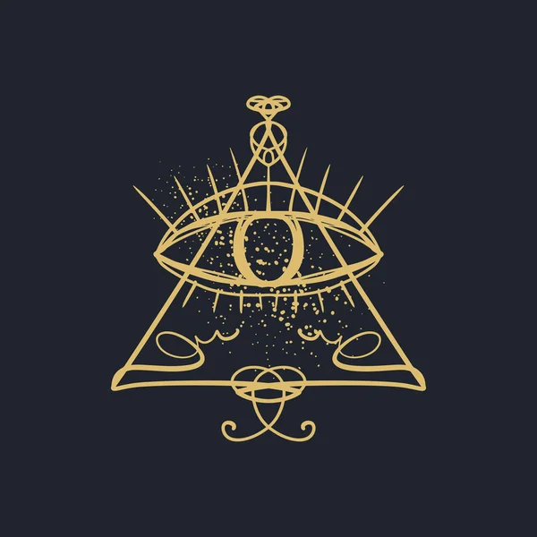 Hand Dras Golden Eye Providence Stiliserade Symbol Mörk Bakgrund Triangel — Stock vektor