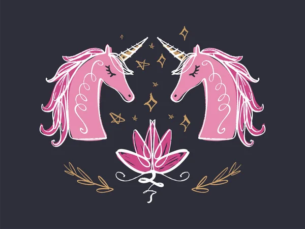 Unicorns Flower Harmony Universe Symbol Sacred Geometry Ayurveda Balance Theme — Stock Vector