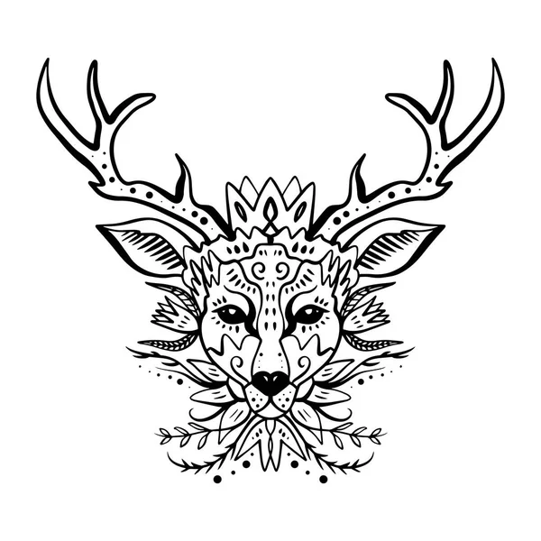 Cervo Bonito Selvagem Mão Desenhada Boho Retrato Elegante Com Ornamento — Vetor de Stock
