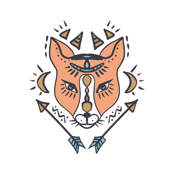 Piękna Dziewczyna Twarz Fox Boho Hipis Ilustracja Portret Plemiennych Ornament — Wektor stockowy