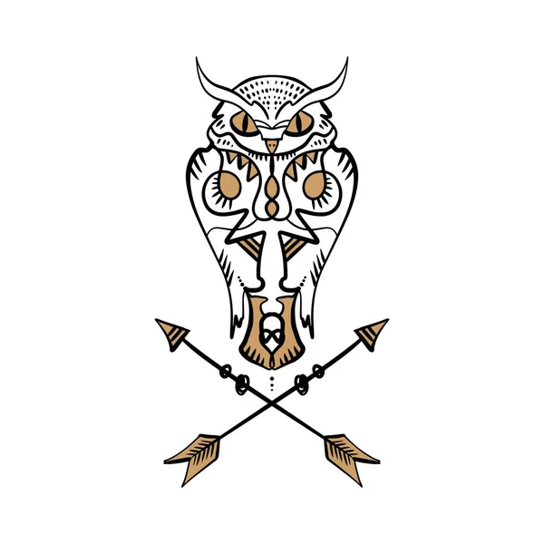 Символ Алхімії Чорна Золота Сова Татуювання Контур Стріли Бохо Племінний — стоковий вектор