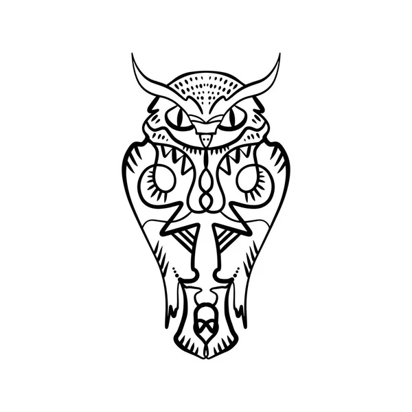 フクロウの入れ墨の概要 自由奔放に生きる部族スタイル エスニック雑貨を行します ポスター 精神的な芸術 知恵の象徴 抗ストレスのアート シャツ デザイン バッグ — ストックベクタ