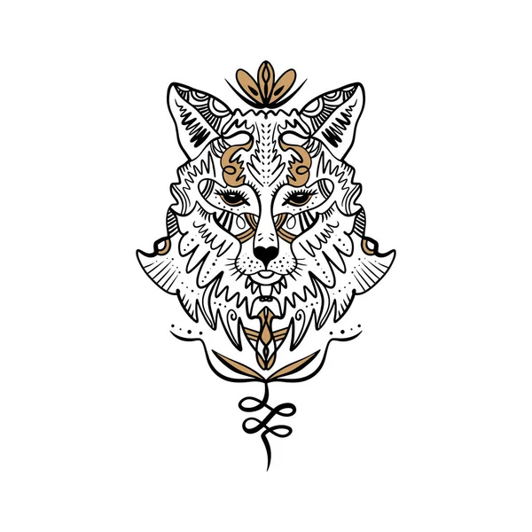 Hermoso Tótem Lobo Zorro Ilustración Hippie Boho Para Bocetos Tatuajes — Vector de stock