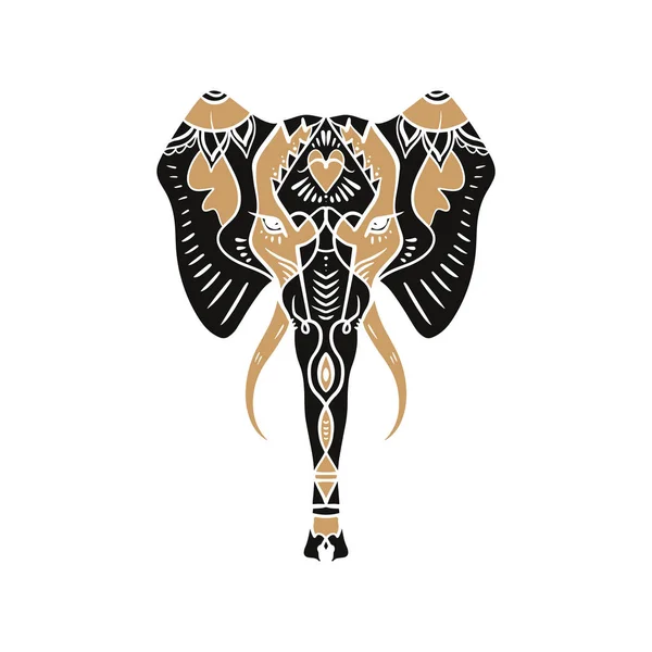 美丽的手绘大象轮廓 博霍部落风格 黑色和金色的民族饰品 精神艺术 印度主题 加内沙 印度的象征 抗压艺术 — 图库矢量图片
