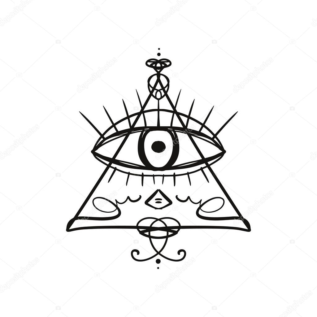 Hand drawn Eye of Providence stylized symbol. Triangle pyramid. Boho alchemy symbol tattoo or sticker. Isolated editable EPS