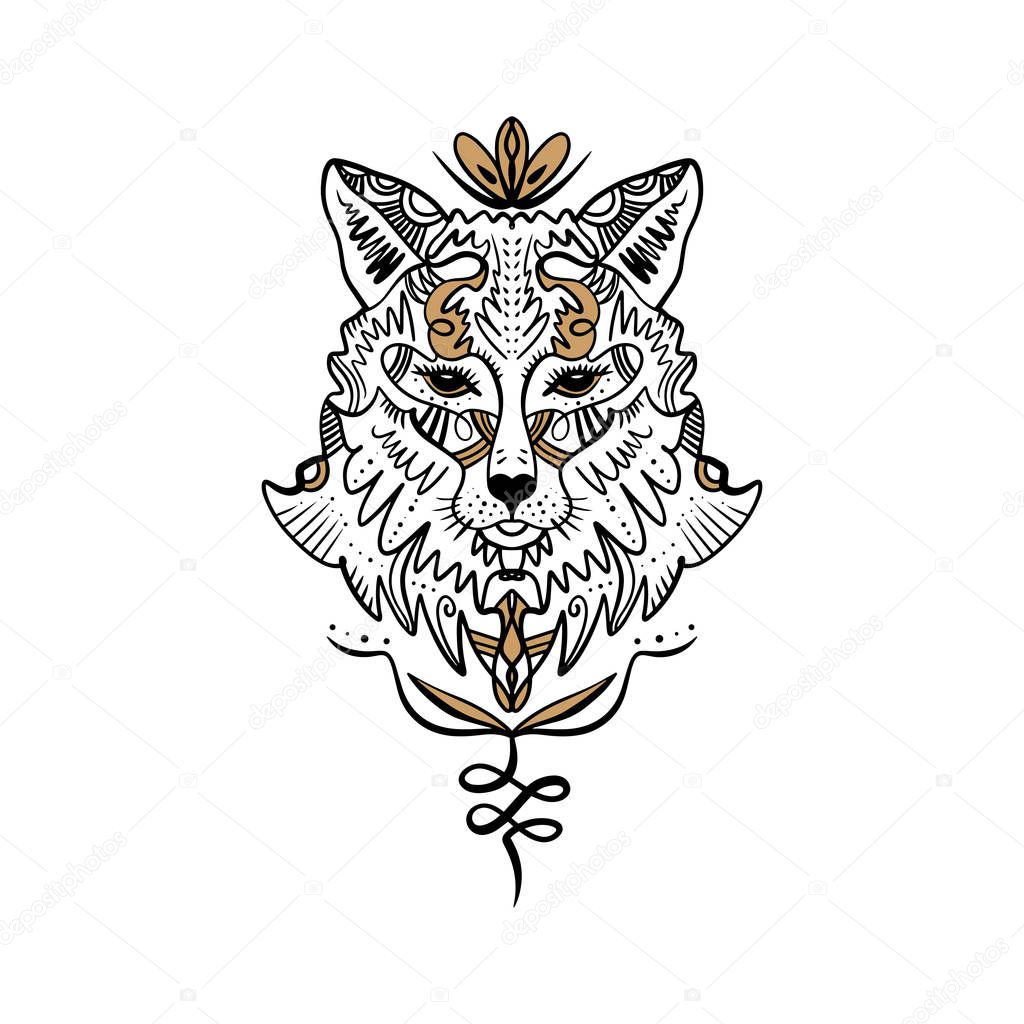 Beautiful totem wolf or fox, boho hippie illustration for sketches of tattoos. Northen style, sticker. Antistress art. Good for t-shirts design, bags, phone cases