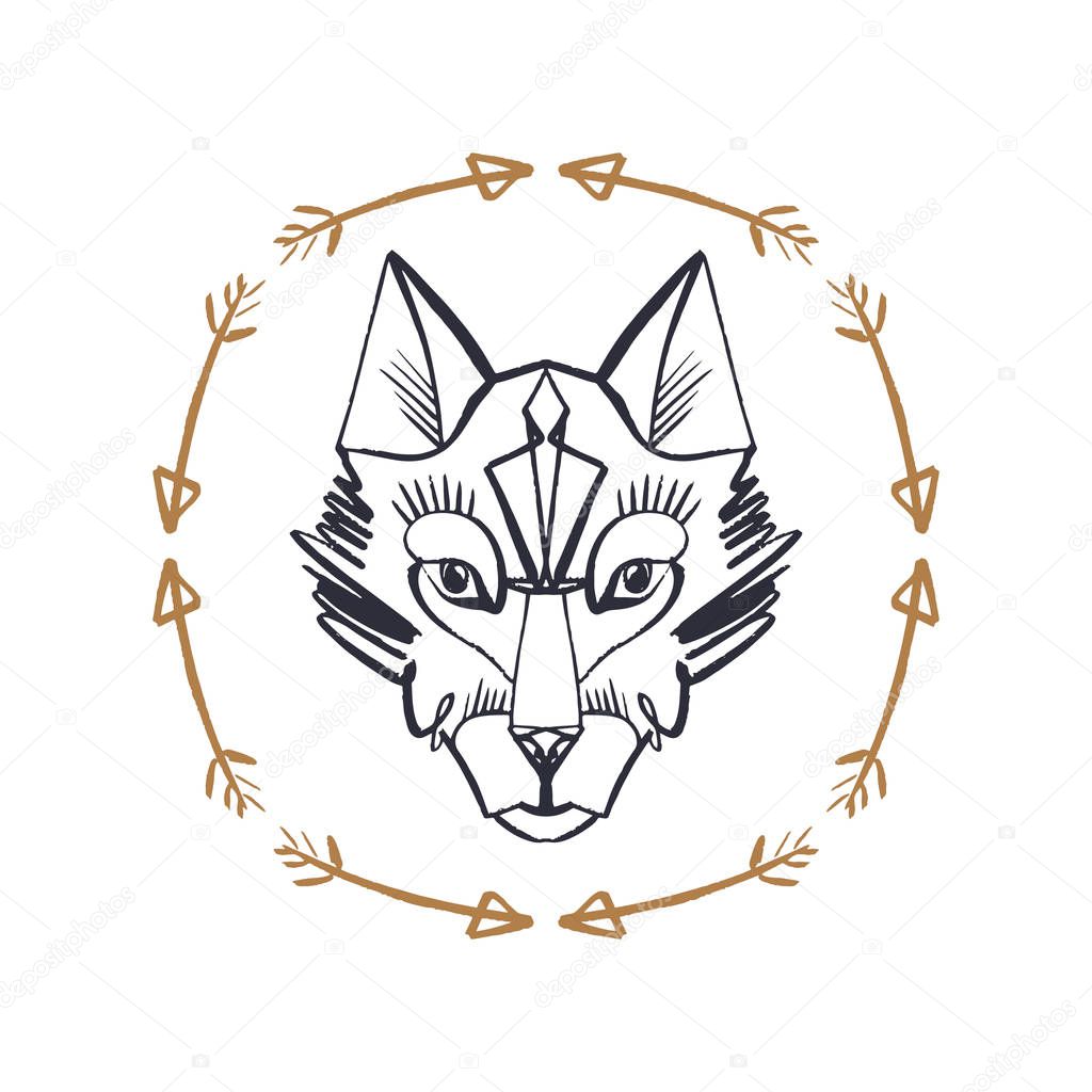 Patterned head of the wolf or dog, animal face in the frame. Alaska logo. North totem, boho style, flash ink tattoo. Antistress art