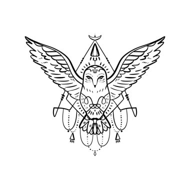 Baykuş dövme anahat. Boho kabile stili. Satır etnik süsler. Poster, ruhani sanat, bilgeliğin sembolü. Antistress sanat. T-shirt tasarım, çanta, telefon servis taleplerini, Oda posterler ve kartpostallar için iyi