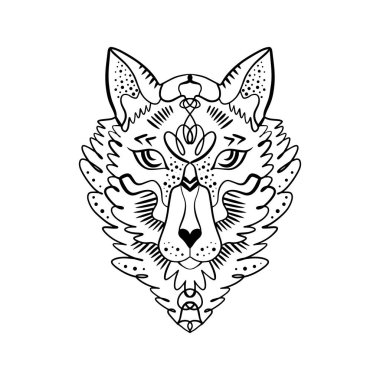 Güzel totem kurt veya fox, Dövmeler Eskizler boho hippi çizimi. Stil, Kuzey etiket. Antistress sanat. T-shirt tasarım, çanta, telefon servis talepleri için iyi
