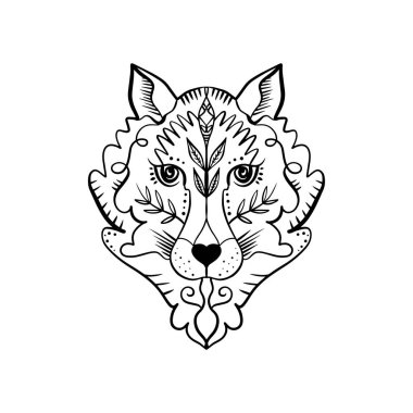 Güzel totem kurt veya fox, Dövmeler Eskizler boho hippi çizimi. Stil, Kuzey etiket. Antistress sanat. T-shirt tasarım, çanta, telefon servis taleplerini, Oda posterler, kartpostal ve web temelli