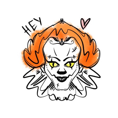 Evil horrible redhead clown art. Halloween mask illustration. Clipart, editable details. Unique print for posters, cards, mugs, clothes and other clipart