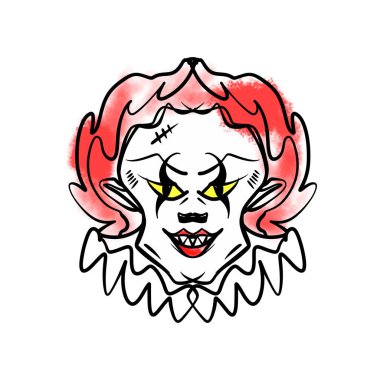 Kötü korkunç Kızıl palyaço sanat. Cadılar Bayramı maskesi illüstrasyon. Clipart, düzenlenebilir ayrıntılar. Posterler, kartları, kupalar, elbise ve diğer benzersiz baskı