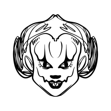 Kötü korkunç palyaço sanat. Cadılar Bayramı maskesi illüstrasyon. Clipart, düzenlenebilir ayrıntılar. Benzersiz baskı poster, kartları, kupalar, elbise ve diğer için. Boyama sayfası