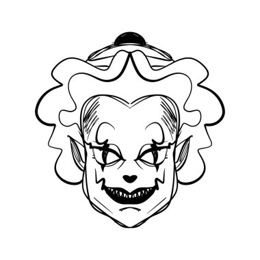 Kötü korkunç palyaço sanat. Cadılar Bayramı maskesi illüstrasyon. Clipart, düzenlenebilir ayrıntılar. Benzersiz baskı poster, kartları, kupalar, elbise ve diğer için. Boyama sayfası