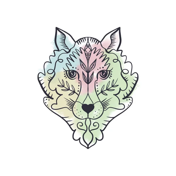 Pinselfarbe Hintergrund Schöne Totempfahl Wolf Oder Fuchs Boho Hippie Illustration — Stockvektor