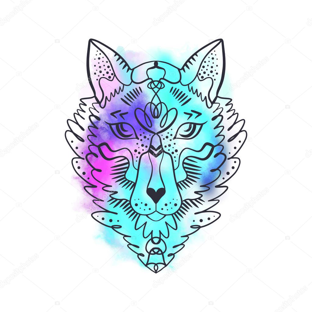 Brush paint background. Beautiful totem wolf or fox, boho hippie illustration for sketches of tattoos. Northen style, sticker. Antistress art. Good for t-shirts design, bags, phone cases, room posters