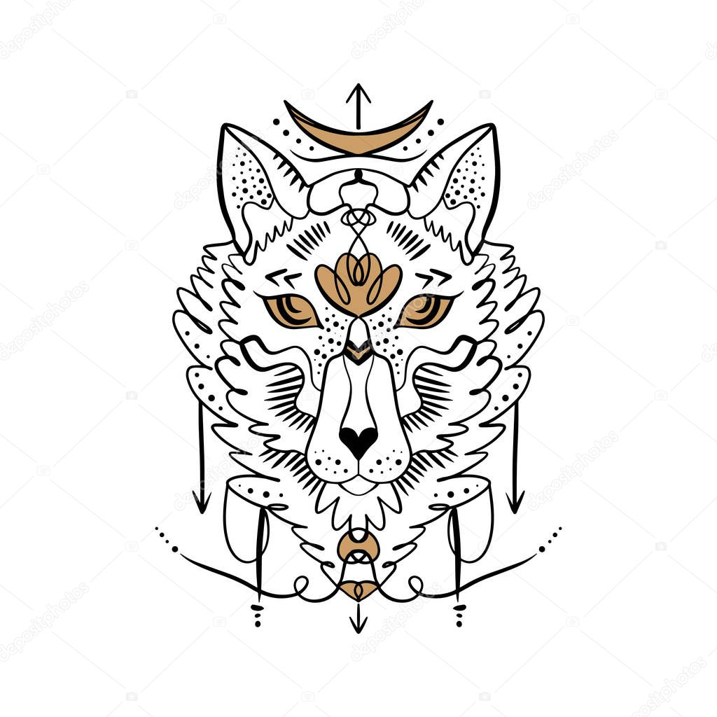 Moonchild. Beautiful totem wolf or fox, boho hippie illustration for sketches of tattoos. Northen style, sticker. Antistress art. Good for t-shirts design, bags, phone cases