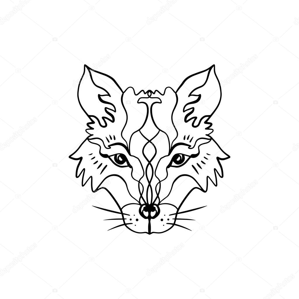 Beautiful totem wolf or fox, boho hippie illustration for sketches of tattoos. Northen style, sticker. Antistress art. Good for t-shirts design, bags, phone cases, room posters, postcard and web