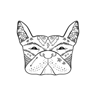 Yakışıklı şık casual züppe köpek hipster portresi. Fransız buldozer. Doodle stil illüstrasyon kroki. Boyama sayfa öğesi. Vektör Eps clipart