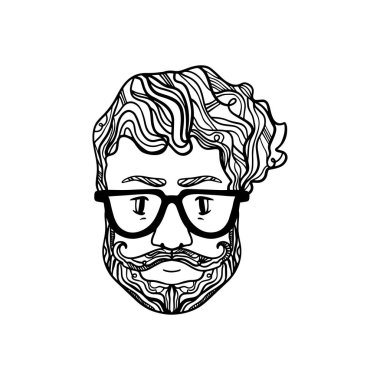 Yakışıklı şık casual adam hipster sakal ve gözlük ile portresi. Doodle stil illüstrasyon kroki. Boyama sayfa öğesi. Vektör Eps clipart