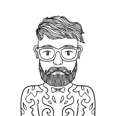 Yakışıklı şık casual adam hipster sakal ve gözlük ile portresi. Doodle stil illüstrasyon kroki. Boyama sayfa öğesi. Vektör Eps clipart