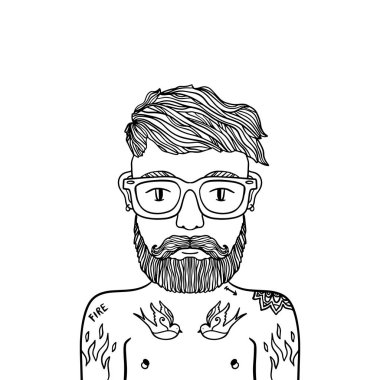 Yakışıklı şık dövmeli casual adam hipster sakal ve gözlük ile portresi. Doodle stil illüstrasyon kroki. Boyama sayfa öğesi. Vektör Eps clipart