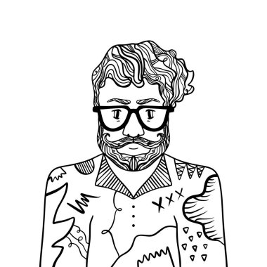 Yakışıklı şık casual adam hipster sakal ve gözlük ile portresi. Doodle stil illüstrasyon kroki. Boyama sayfa öğesi. Vektör Eps clipart