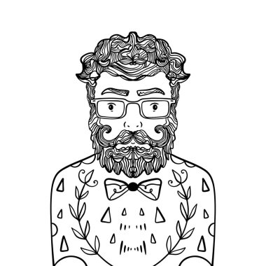 Yakışıklı şık casual adam hipster sakal ve gözlük ile portresi. Doodle stil illüstrasyon kroki. Boyama sayfa öğesi. Vektör Eps clipart
